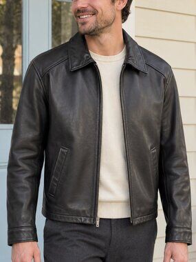 London Fog Men's Black Genuine Leather Jacket Large Full Zip Collared